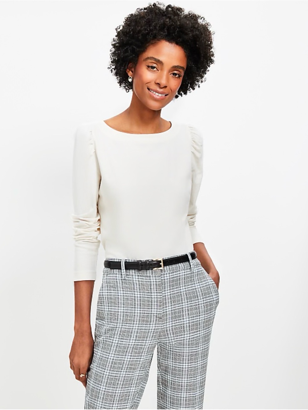 LOFT Off-White Long Sleeve Shirt with Subtle Shoulder Pleats